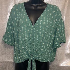 Green tie front blouse